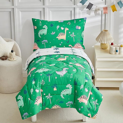 DuShow Dinosaur Toddler Bedding Set for Boys, 4 Pieces Soft Crib Bed Set Including Comforter, Fitted Sheet, Flat Top Sheet and Pillowcase-Green