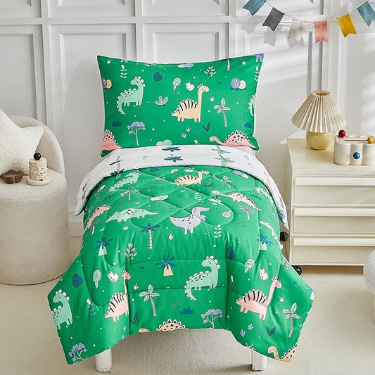 DuShow Dinosaur Toddler Bedding Set for Boys, 4 Pieces Soft Crib Bed Set Including Comforter, Fitted Sheet, Flat Top Sheet and Pillowcase-Green