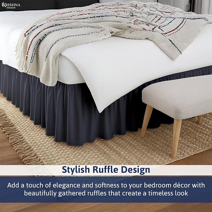 KRISHNA Ruffled Bed Skirt with Split Corners Full, 100% Microfiber Hotel Quality, 24 Inch Drop Dust Ruffle Gathered Bedskirt with Platform, 54" x 75", Dark Grey