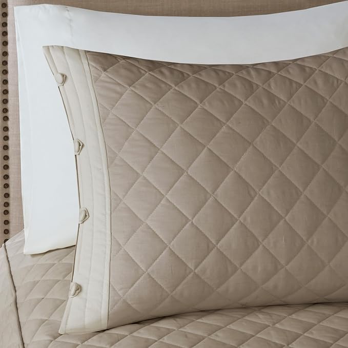 Madison Park Cotton Traditional Diamond Quilted Khaki Queen Quilt Set, Machine - Image 5