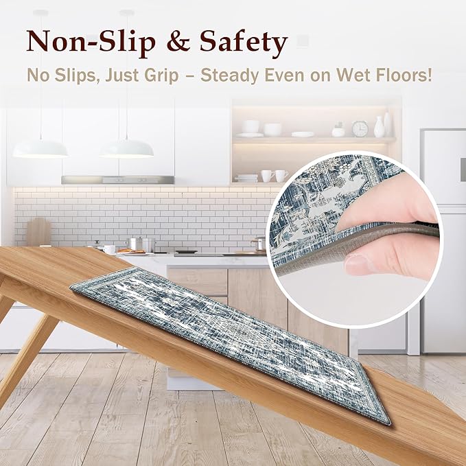 Boho Kitchen Mats for Floor 2 Piece Set Anti Fatigue Cushioned PVC Kitchen Rugs Non Slip Waterproof Farmhouse Mats 2/5 Inch Comfort Standing Mat for Sink, Laundry, 17.3"x47"+17.3"x28", Dark Blue