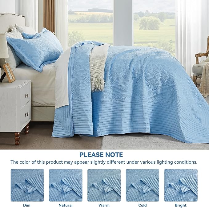 Light Blue Alaska King Quilt 132 x 120, Oversized King Bedspreads, 3 Piece Soft - Image 3
