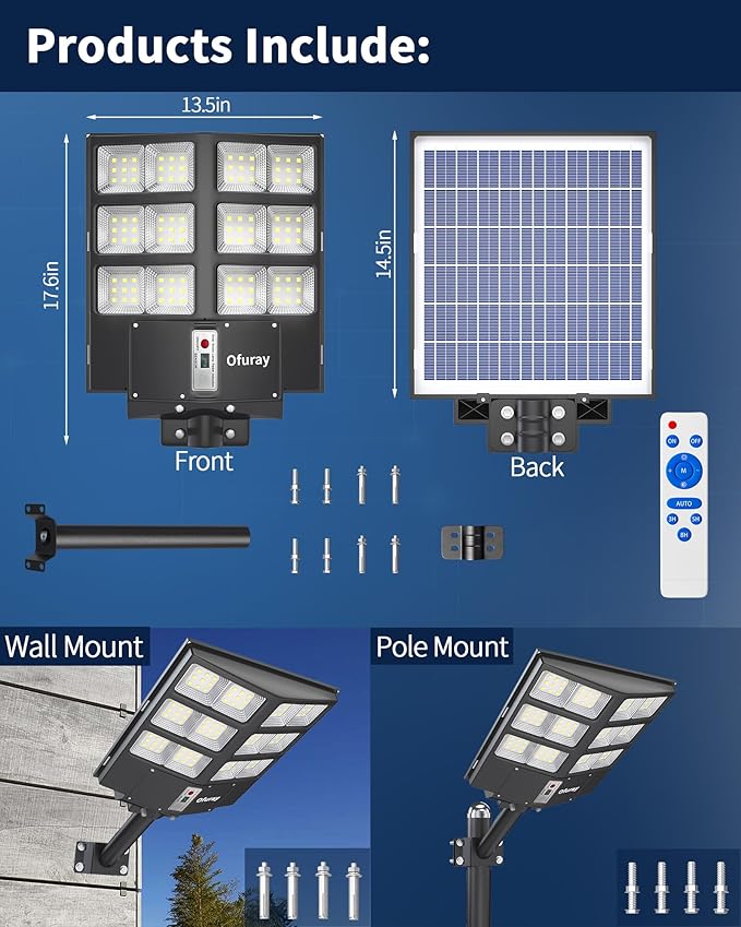 Ofuray Of-800W Solar Street Lights Outdoor, 80000LM Solar Security Flood Lights Parking Lot Lights Dusk to Dawn, 6500k Waterproof Led with Remote Control Motion for Street,Court,Barn