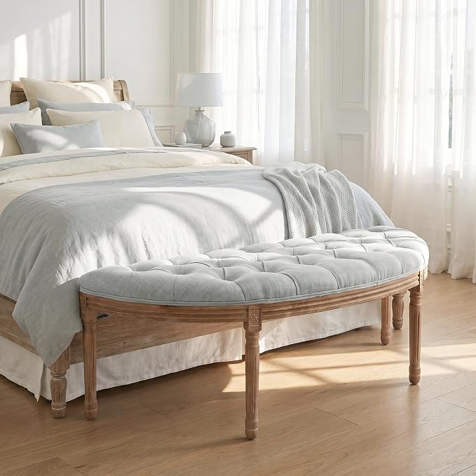 chairus 55" Button Tufted Semi-Circle Dining Bench Linen Halfmoon Entryway - Image 8
