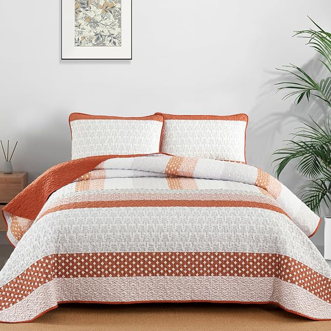 WONGS BEDDING Boho Quilt Set King Size, Stripe Bedspread Sets, Burnt Orange | - Image 2