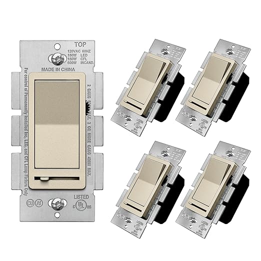 BESTTEN 5 Pack Matte Champagne Gold Dimmer Light Switch, Single Pole or 3-Way, Compatible with Dimmable LED, CFL, Incandescent and Halogen Bulb, 120VAC, Signature Collection, UL Listed