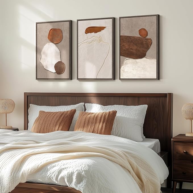 Framed Neutral Abstract Wall Art, 3 Piece Earth Tones Rustic Canvas Prints - Image 2