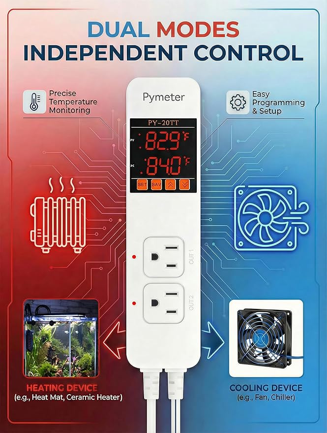 Pymeter Digital Temperature Controller Dual Probe Reptile Thermostat Controlled Outlet for Terrarium Heat Mat Heating Pad, Switch Cooling Fan Freezer Fridge ON & Off at Setpoints 10A 1200W