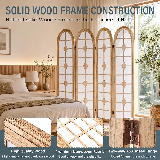 4 Panel Shoji Room Divider, Wood Folding Privacy Screen, Natural | Wood Room - Image 3