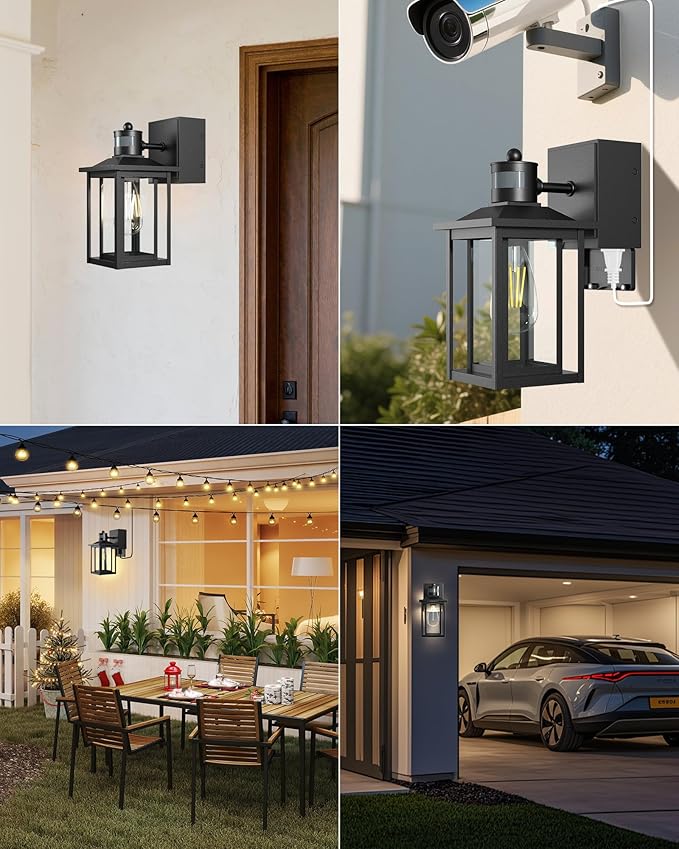 LTBLIGHT 2-Pack Motion Sensor Outdoor Lights with GFCI Outlet Built-in, Exterior Porch Lights Wall Mount with 3 Modes, Anti-Rust Outside Lanterns for Home, Entry, Backyard, Patio, 120V