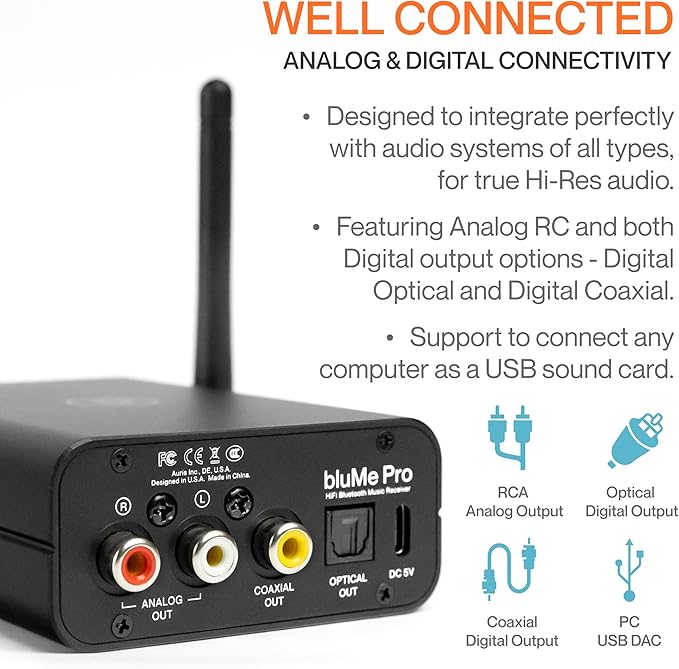 Auris Blume Pro HiFi Bluetooth 5.3 Music Receiver Long Range Bluetooth Adapter with Audiophile DAC, LDAC, aptX HD, OLED Display & Optical Coaxial AUX Output for Home Stereo, AV Receiver or Amplifier