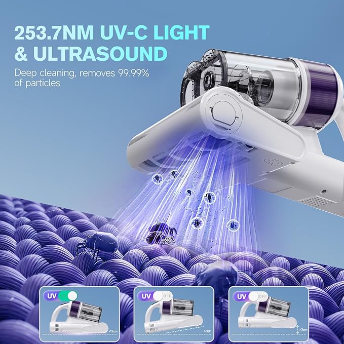 Mxnsewr Mattress Vacuum Cleaner, Ultrasonic Bed Vacuum Cleaner with 18Kpa Strong Suction, 150°F Heat & 253.7nm UV-C Light, Intelligent Dual Cup, One-Click Dust Removal for Bed, Sofa, Pet Hair, White