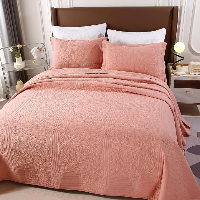 ROOMLIFE Quilt Set Queen Size 3D Floral Embroidery Pattern 3-Piece Cotton - Image 2