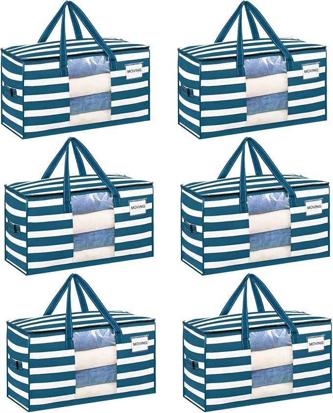 VENO Moving Bags, Wide Open Top, Classic Navy Stripe, 6 Pack | Moving boxes by Veno