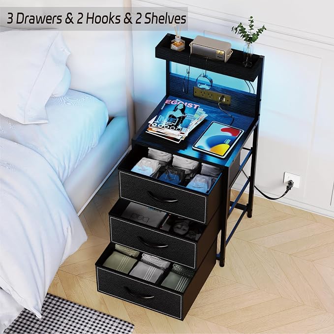 SZLHANJZ LED Nightstand with Charging Station, 3 Fabric Drawers Night Stand | - Image 7