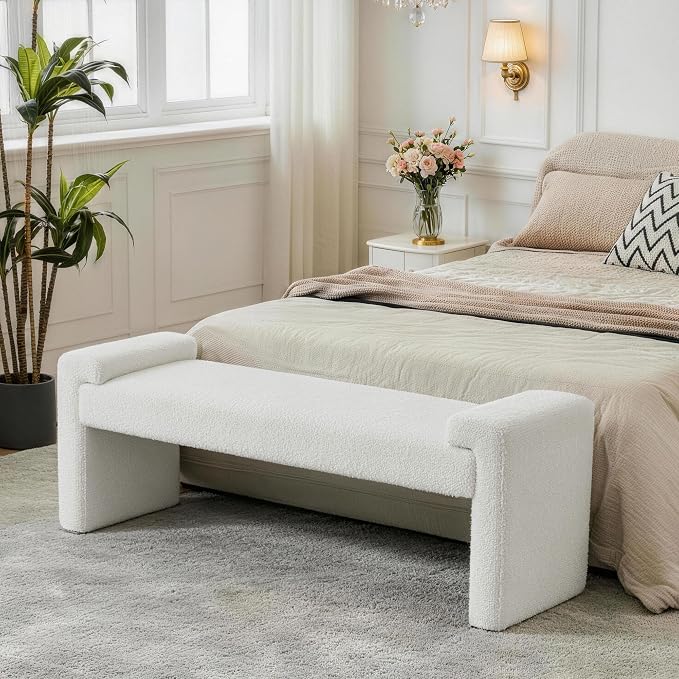 Upholstered Entryway Bench, 58.7" Modern Bedroom Bench, Curved Armrests - Image 7