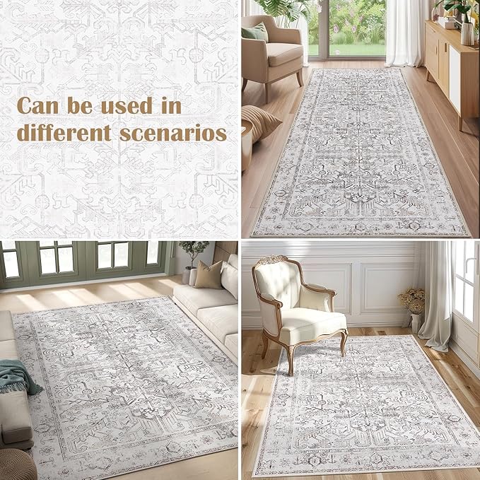 jinchan Lima Machine Washable Area Rugs 4x6 - Vintage Floral Stain Resistant Low Pile Ultra-Thin Non Slip Accent Rug for Bedroom Living Room Kitchen Dining Room Entryway (4x6ft, Taupe)