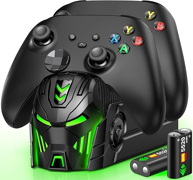 DINOSTRIKE Charger Station Compatible with Xbox Controllers, 2x5520mWh Rechargeable Battery Pack for Xbox One/Series X|S Controllers with Dual Charging Dock and 4 Covers (Controller Not Included)