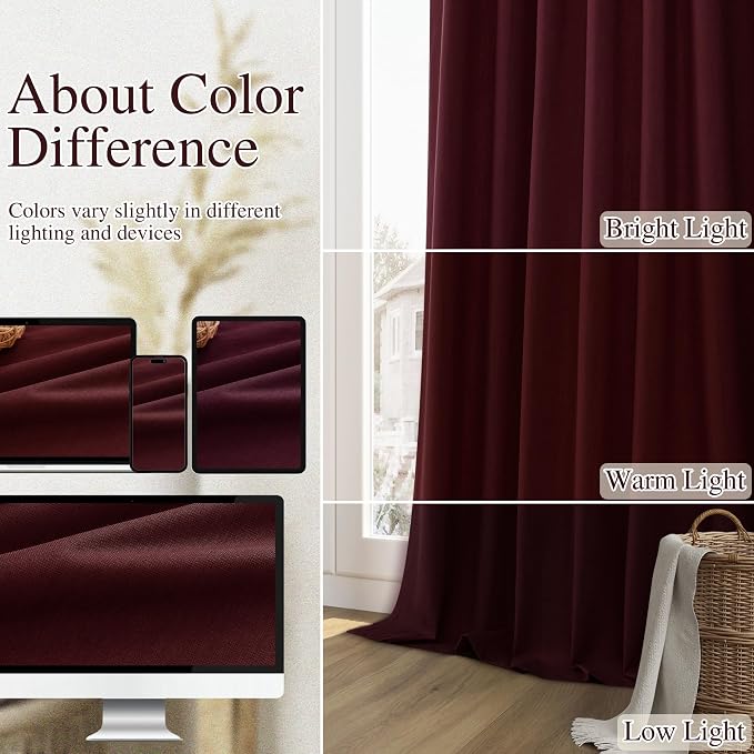 Burgundy 100% Blackout Linen Curtains 84 Inch Length 2 Panels Set - Image 7