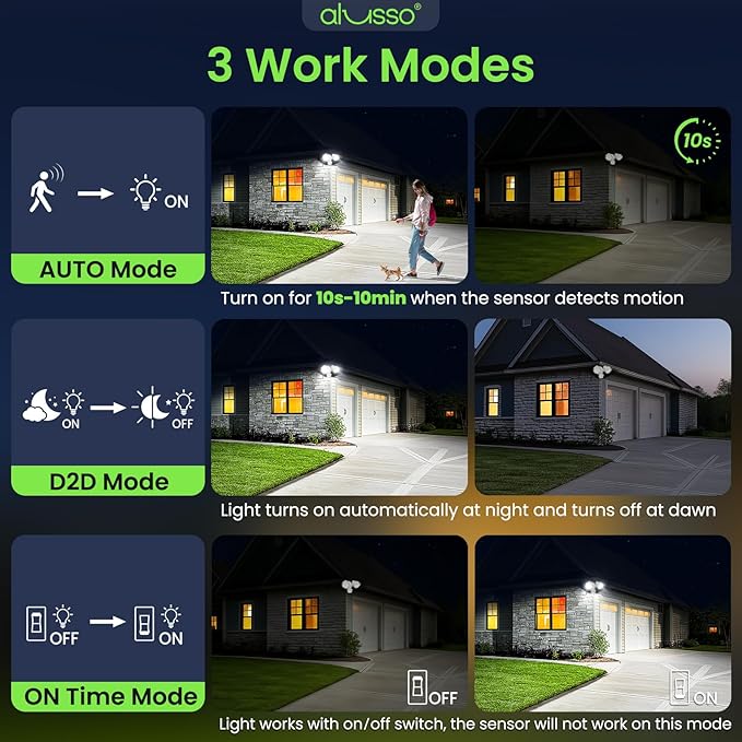 ALUSSO Motion Sensor Outdoor Lights, 30W 3500LM Flood Lights Outdoor, 3 Modes (Dusk to Dawn/Auto/On Time), 3CCT 3000K/4000K/6500K Waterproof Hardwired ETL Listed, Porch Garage Flood Light, White 2PCS