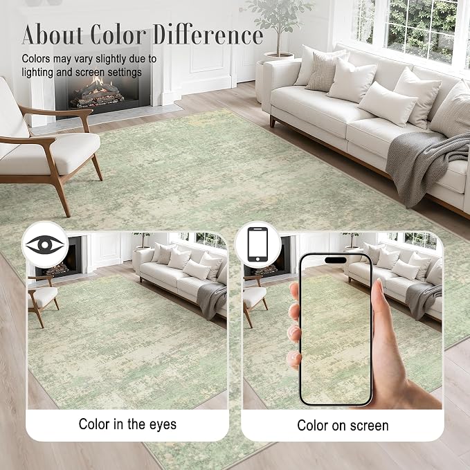 10x12 Area Rug Living Room: Modern Washable Soft Carpet Green Cream | - Image 7