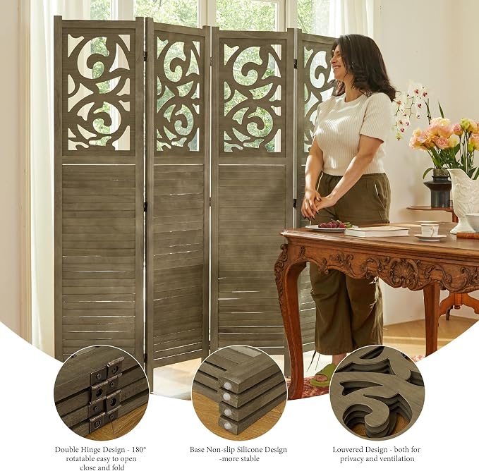 Room Divider Wood Carved Wall Divider Indoor Folding Portable Partition Screen - Image 3