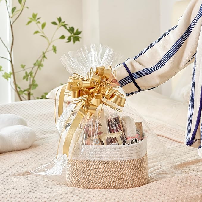 Small Cotton Rope Basket – Storage Bin for Organizing (10.6" x 6.7" x 6.7"), Bathroom Storage Basket for Shelf, Counter & Closet（White & Mixed Camel）