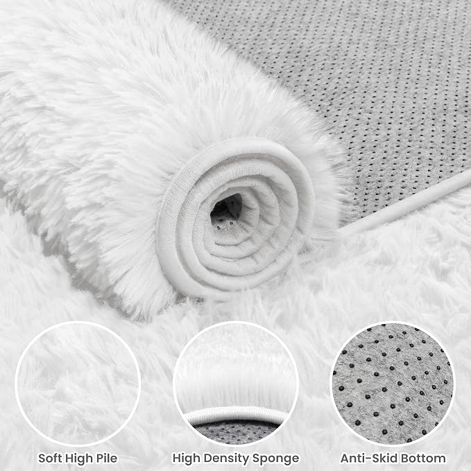 8x10 Fluffy Shag Area Rugs for Living Room Bedroom: Soft Plush Carpet White | - Image 5