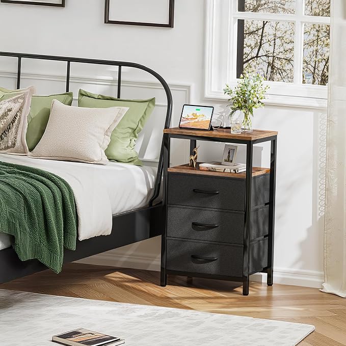 Huuger Nightstand with Charging Station, 27.6 Inch Bedside Table, Side Table | - Image 2