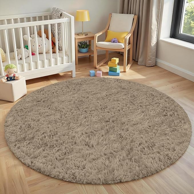 Grey Camel Round Fluffy Rug 6ft Plush Fuzzy Shaggy Carpet | Soft Rugs - Image 8