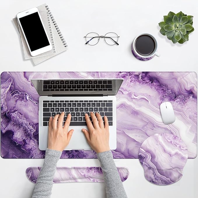 Britimes Purple Pink Marble Gold Keyboard Mouse Pad Set 4in1 Large Mousepad+Keyboard Wrist Rest+Mouse Wrist Rest+Coaster Ergonomic Design for Home Office Computer 35.4x15.7 inches