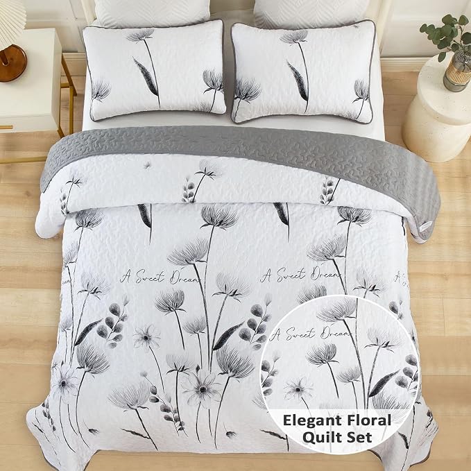 Dinjoy King Quilt Set, 3 Pieces Grey Boho Bedspreads, Fall Flower Bedding | - Image 3