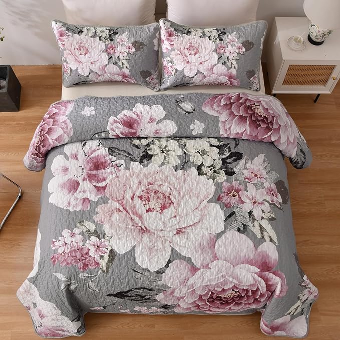 WONGS BEDDING Grey Quilt Queen Size, Lightweight Botanical Coverlet Set - Image 2