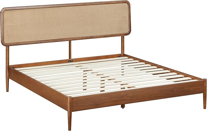 NTC Lupin Wooden Bed Frame with Headboard, Crafted from Walnut, Rubber Wood with Silent Slats and Wood Central Supports, 1000 Lb Capacity, Effortless Assembly, Queen - Dark Walnut