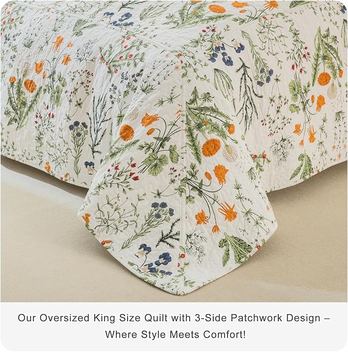 QSH 100% Cotton Floral Quilt Oversized King Set-3Pcs Yellow Flowers Leaves - Image 3