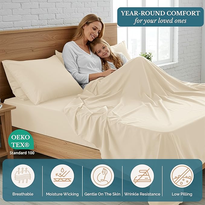 Casa Platino King Size Bed Sheets – 4 Piece Set, Pre-Washed Ultra Soft Fabric, Cozy Fit, Fade Resistant, Deep Pocket King Sheet Set, Microfiber Sheets with Enhanced Comfort & Long-Lasting Feel - Ivory