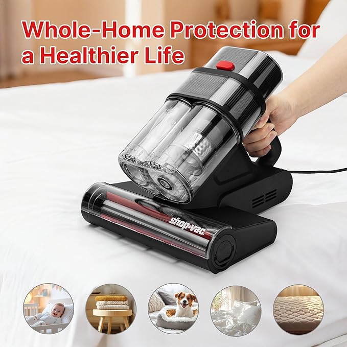 Shop-Vac Mattress Vacuum Cleaner, 14KPa Powerful Bed Vacuum with 253.7nm UV-C Light, 36960 RPM/Min Tapping, HEPA Filter & Ultrasonic, Dual Cup Filtration, for Bed, Sofa, Couch, 400W, 15.4 ft Corded