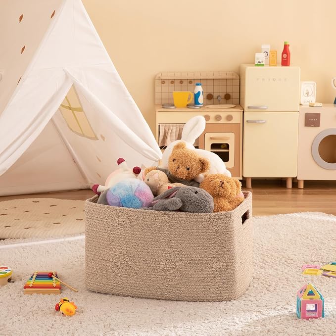 OIAHOMY Cotton Rope Basket, Rectangle Woven Nursery Blanket Basket, Toy Storage - Image 7