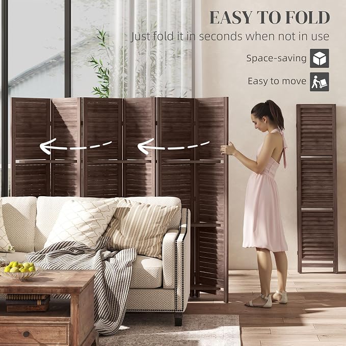 HOMCOM Room Divider 6 Panel 67" Tall Wood Privacy Screen Walnut | 3 Display - Image 4