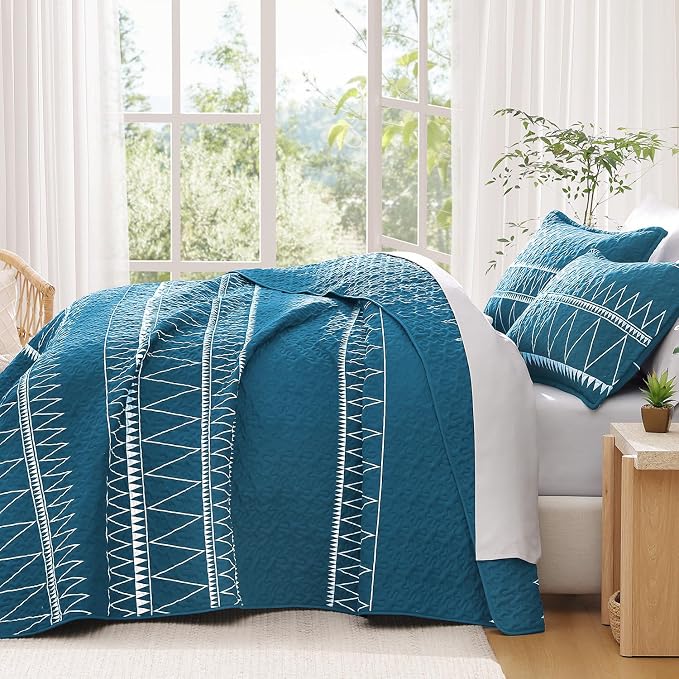 Teal California King Quilt Set, 3 Pieces Boho Striped Bedspread | Soft - Image 7