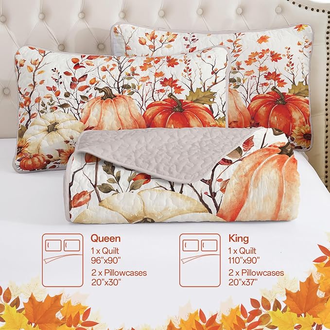 WONGS BEDDING Fall Harvest Pumpkin Quilts Queen Size, Thanksgiving Bedspread | - Image 7