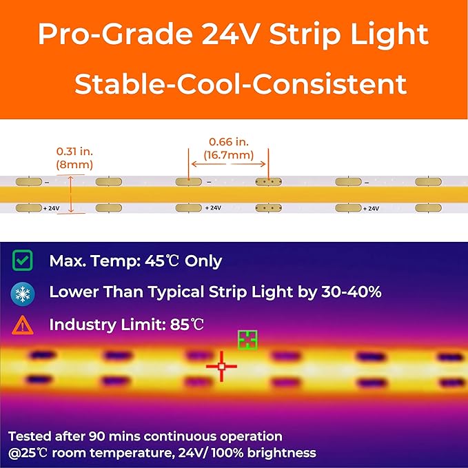 COB LED Strip Lights Neutral White 3500K, 24V DC Premium Tape Light with Strong 3M VHB Tape, CRI 95, UL Listed, Cuttable, Dimmable, for Living Room, Stairs, Shelves (NO Power Supply)