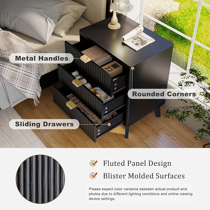LYNCOHOME Fluted Nightstand Set of 2, Wood Bedside Table - Image 3