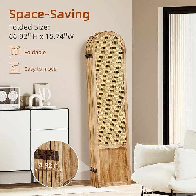 6 Panel Room Dividers and Folding Privacy Screens, Hand-Made Rattan Room Divider - Image 3