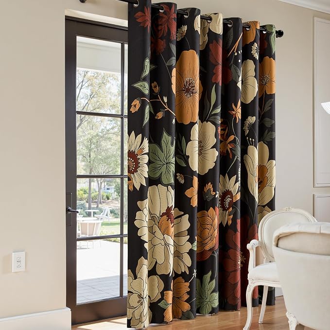 jinchan Black Boho Floral Blackout Curtains W100xL84 Grommet 1 Panel | Room - Image 2