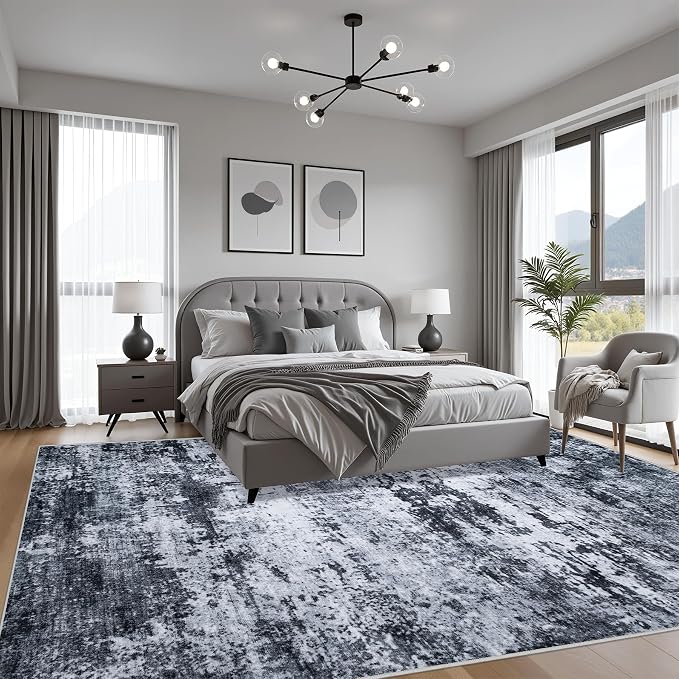 Area Rug Living Room: 5x5 Modern Washable Indoor Carpet Black | - Image 3