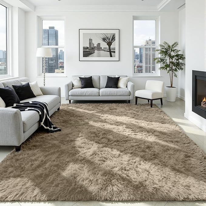 5x8 Fluffy Area Rug for Living Room: Non-Slip Grey Camel Bedroom Carpet | Ultra - Image 2