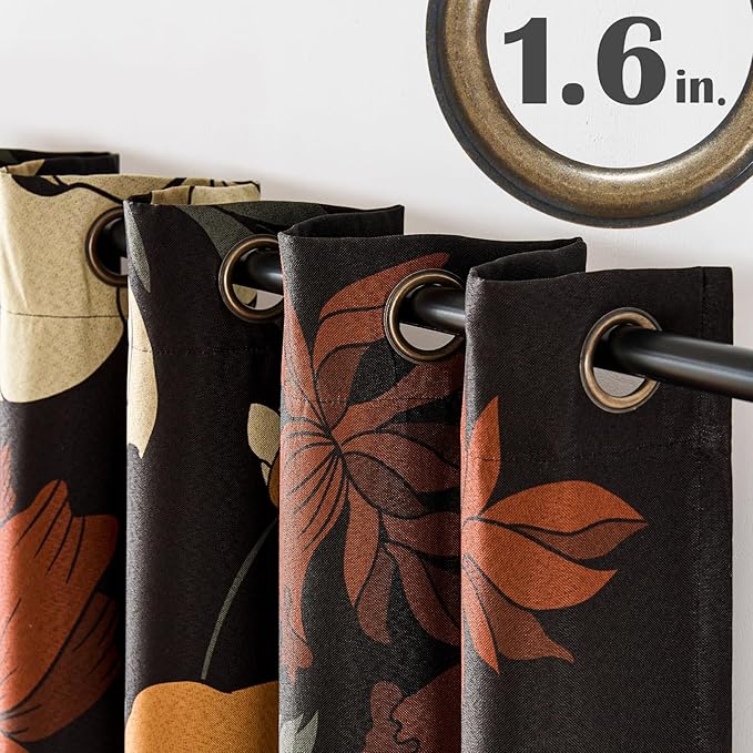 jinchan Black Boho Floral Blackout Curtains 90 Inch Grommet 2 Panels | Room - Image 7