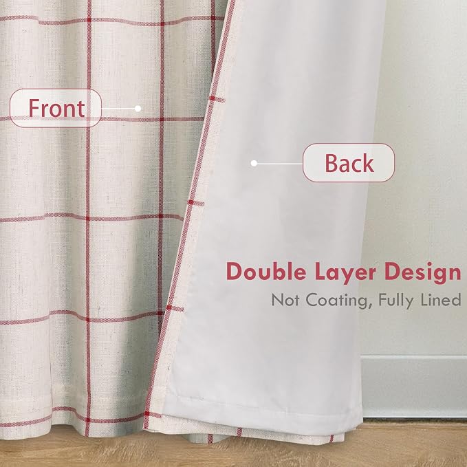 DriftAway 100% Blackout Plaid Linen Curtains 96 Inches Long 2 Panels Red | 100% - Image 3