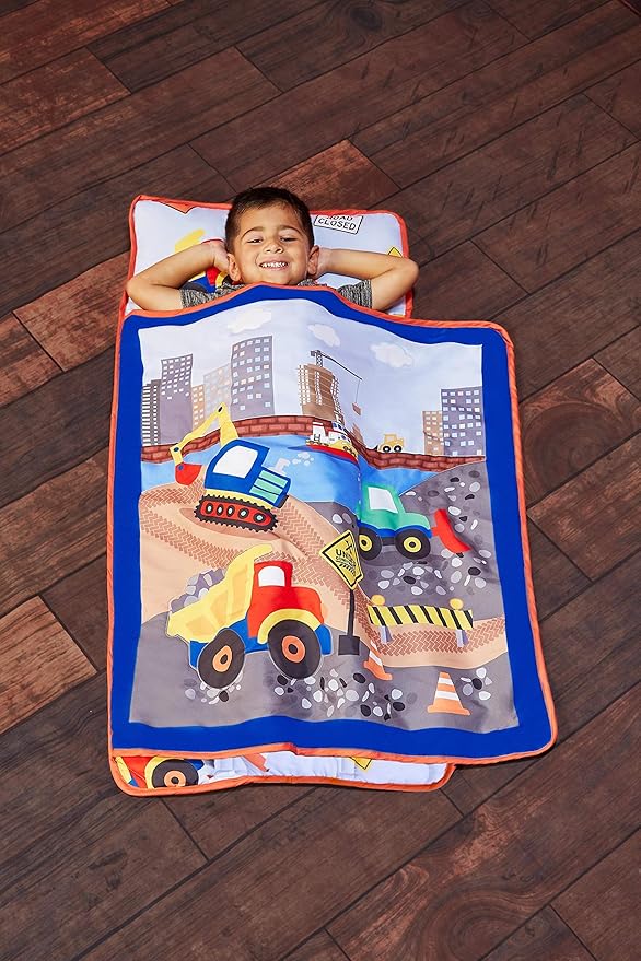 EVERYDAY KIDS Toddler Nap Mat with Removable Pillow -Under Construction- Carry Handle with Fastening Straps Closure, Rollup Design, Soft Microfiber for Preschool, Daycare, Sleeping Bag -Ages 2-6 years